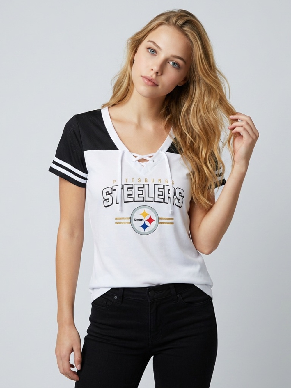 Pittsburgh Steelers NFL Women's Lace-Up V-Neck Shirt ~ Size M - Picture 2 of 11